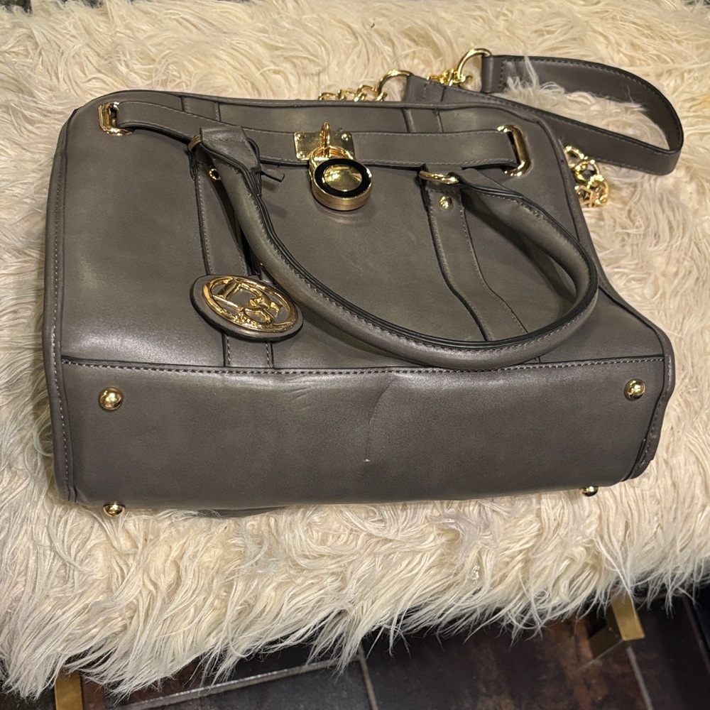 Chic Gray Satchel with Gold Accents